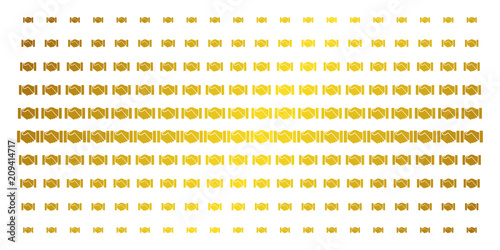 Acquisition handshake icon gold colored halftone pattern. Vector acquisition handshake items are arranged into halftone array with inclined golden gradient. Designed for backgrounds, covers,