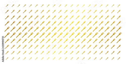 Fork icon gold colored halftone pattern. Vector fork pictograms are arranged into halftone matrix with inclined gold gradient. Constructed for backgrounds, covers, templates and bright compositions.