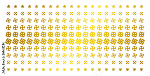 Cog icon gold colored halftone pattern. Vector cog pictograms are organized into halftone matrix with inclined golden gradient. Constructed for backgrounds, covers,