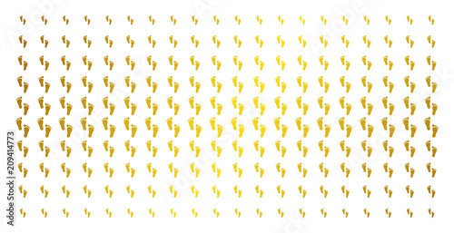 Human steps icon gold colored halftone pattern. Vector human steps items are organized into halftone grid with inclined gold color gradient. Constructed for backgrounds, covers,