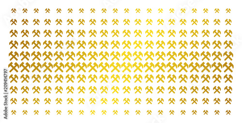 Hammers icon gold colored halftone pattern. Vector hammers shapes are organized into halftone grid with inclined gold color gradient. Designed for backgrounds, covers,