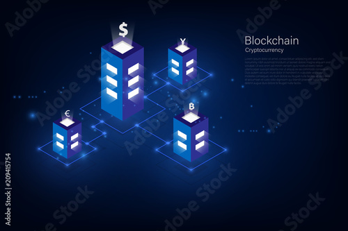 Cryptocurrency and blockchain isometric Money transfer. Global Currency. Stock Exchange. Stock vector illustration.