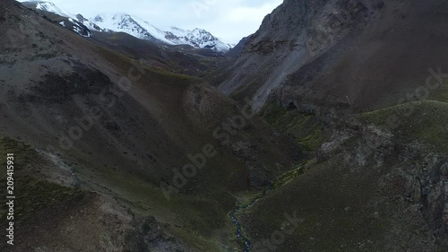 River Covunco valley with geysers and snowy Domuyo volcano at background. Aerial drone scene moving forwards along the river vapor of geysers appears behind mountain at the end. Neuquen, Patagonia photo