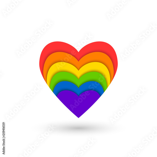 Abstract heart shape and gay love concept made of rainbow colors in layered paper-cut design