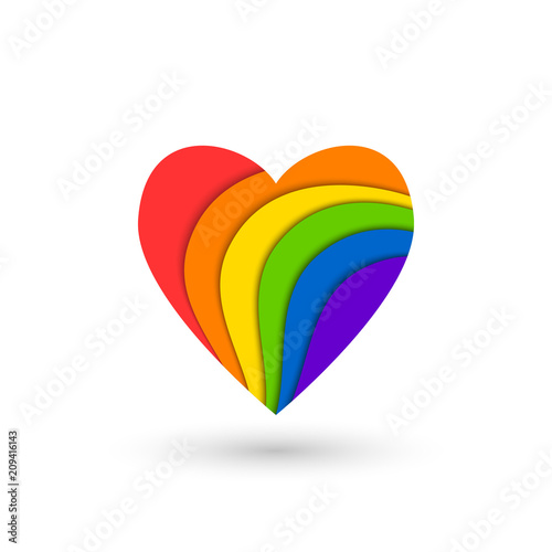 Abstract heart shape made of rainbow colors in layered paper cut style