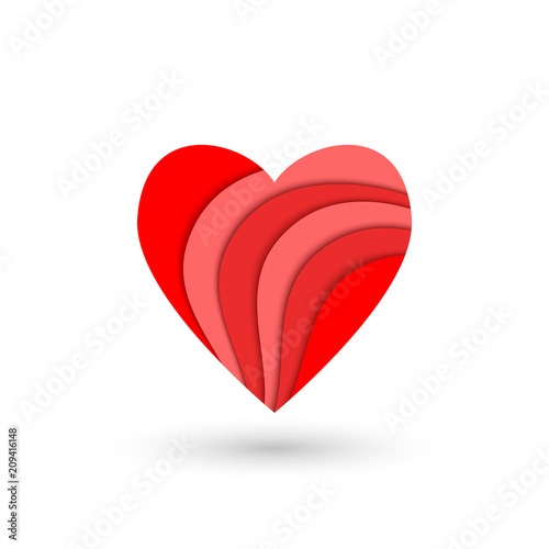 Abstract heart shape in red colors and layered paper cut style