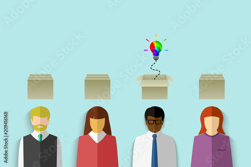 Ethnically diverse group of people with cardboard box above their head and colorful light bulb as thinking out of the box and creativity concept. Vector illustration in flat design. 