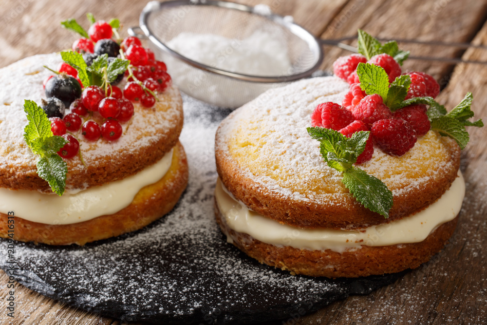 Two small Victoria cake decorated with black and red currants, raspberries and mint close-up. horizontal