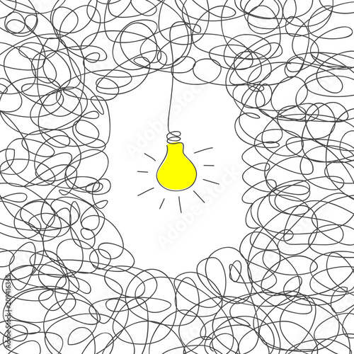 Hand drawn scribble with hanging light bulb as idea and thinking concept