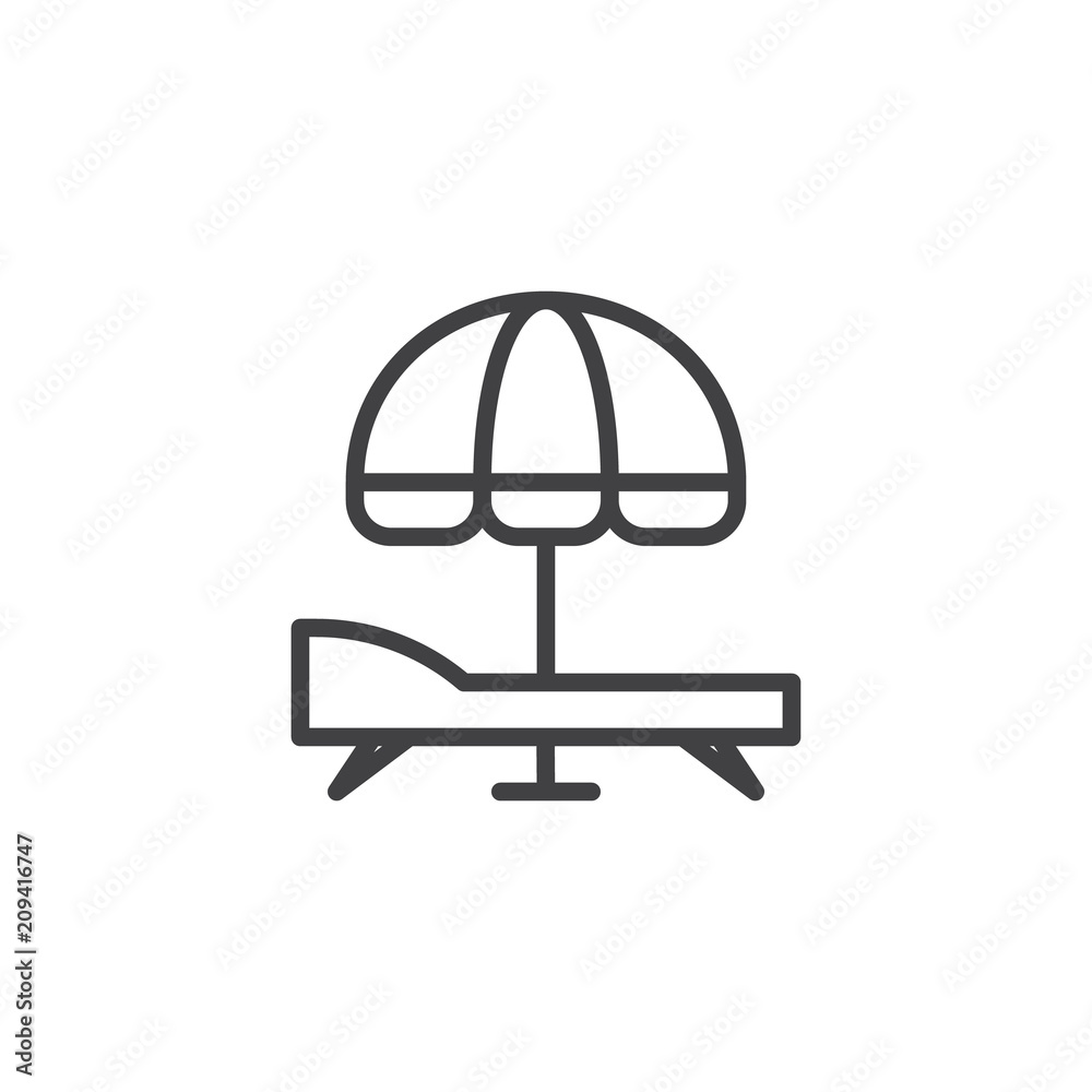 Sunbed and umbrella outline icon. linear style sign for mobile concept and web design. Beach umbrella and Sun lounger simple line vector icon. Symbol, logo illustration. Pixel perfect vector graphics Sunbed and umbrella outline icon. linear style sign for mobile concept and web design. Beach umbrella and Sun lounger simple line vector icon. Symbol, logo illustration. Pixel perfect vector graphics