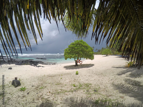 Looking through palm fronds at beach in Lefaga, Matautu, with stormy gray sky on Upolu Island, Samoa, South Pacific photo