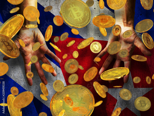 Bitcoin crypto currency Cuba flag A lot of falling gold bitcoins Rain of golden coins fall to the palms of the hands on Republic of Cuba waving flag grunge style background