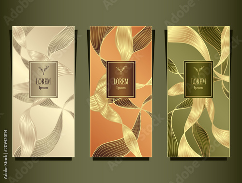 Set Template for package or flyer or label from Luxury background made by foil abstract ribbons waves hair in gold beige peachy olive  for cosmetic or perfume or for hair dye or  for brand book