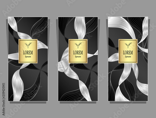 Set Template for package or flyer or label from Luxury background made by foil abstract ribbons waves hair in black gold silver for cosmetic or perfume or for hair dye or  for brand book
