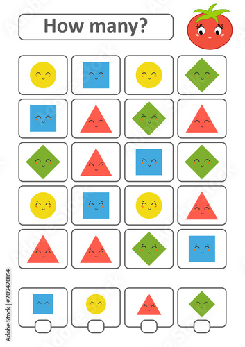 Counting game for preschool children. The study of mathematics. How many shapes in the picture. A circle, a square, a rhombus, a triangle. With a place for answers.