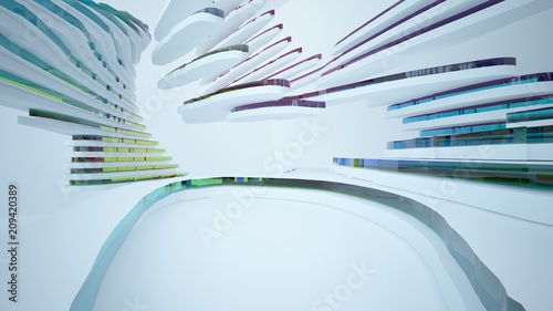 Abstract white and colored gradient glasses interior multilevel public space with window. 3D illustration and rendering.