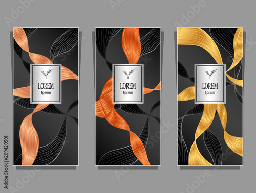 Set Template for package or flyer or label from Luxury background made by foil abstract ribbons waves hair in orange silver on black for cosmetic or perfume or for hair dye or  for brand book