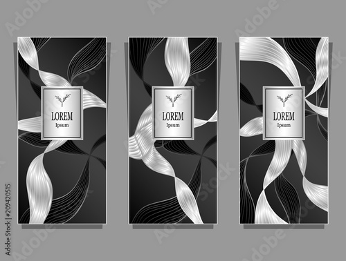 Set Template for package or flyer or label from Luxury background made by foil abstract ribbons waves hair in black silver for cosmetic or perfume or for hair dye or  for brand book