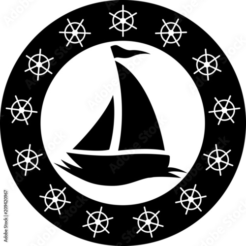  Simple sailing yacht in a black circle with steering wheels