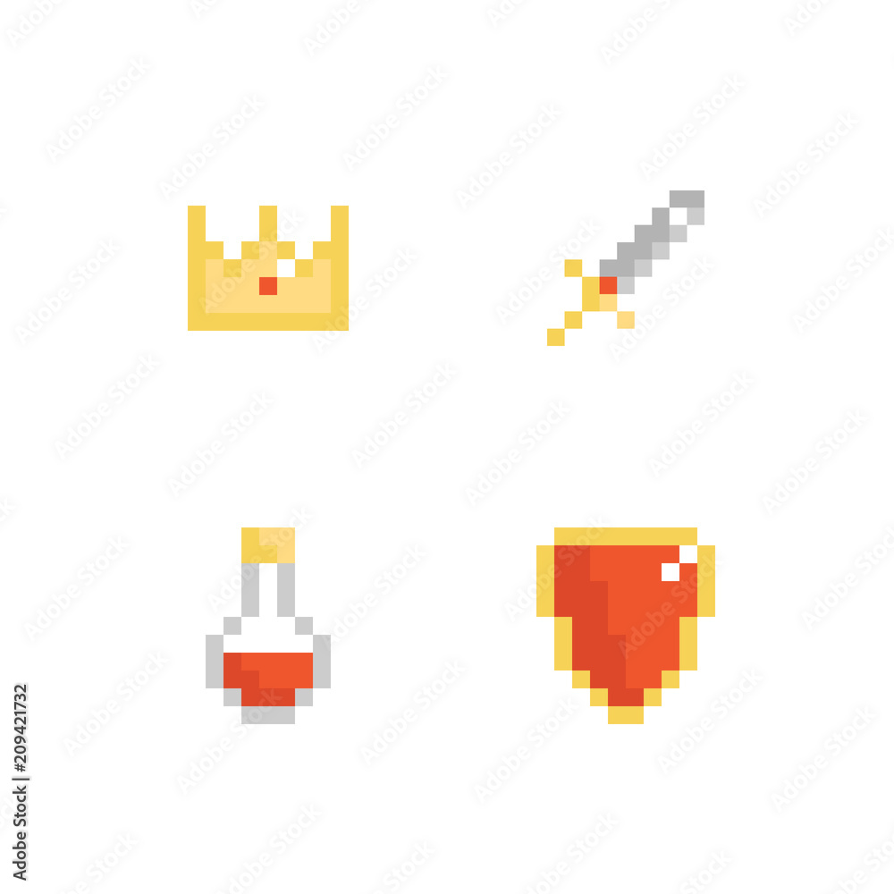 Set, collection of pixel monarchy, RPG game icons, symbols. Crown, sword, shield and potion bottle.
