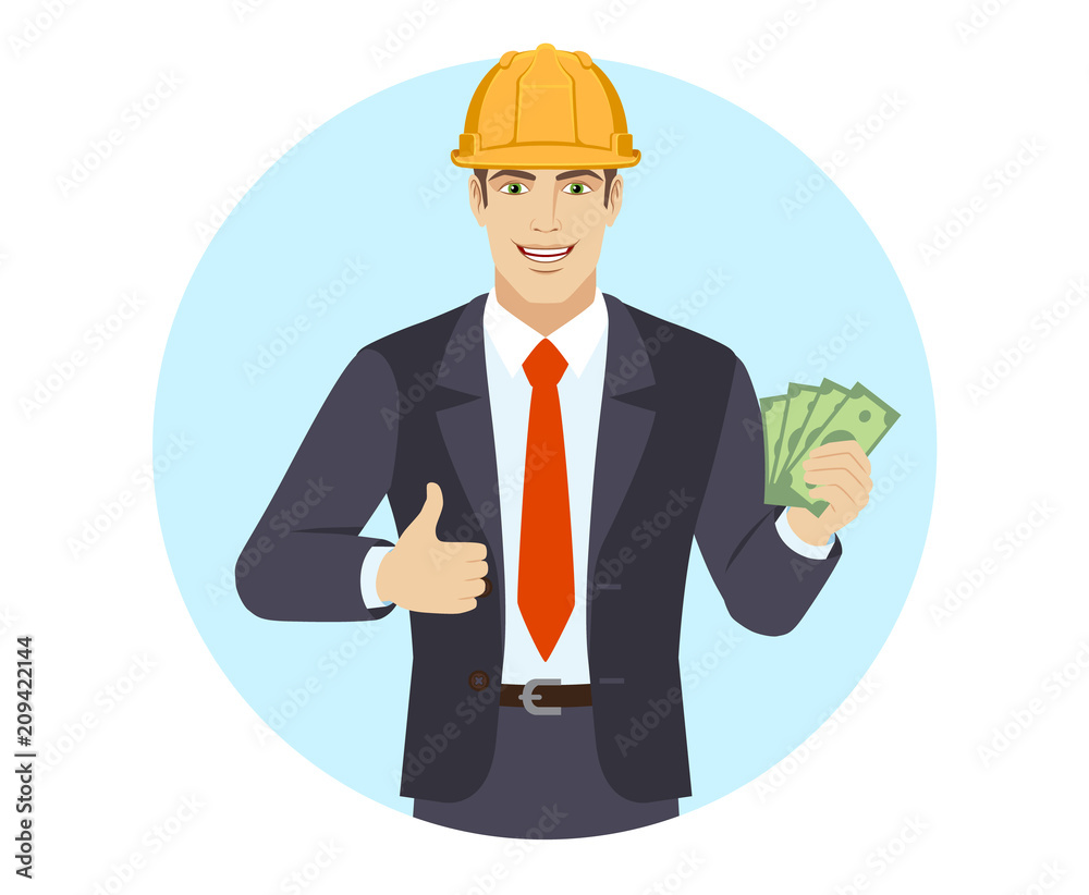 Businessman in construction helmet with cash money and showing thumb up Businessman in construction helmet with cash money and showing thumb up