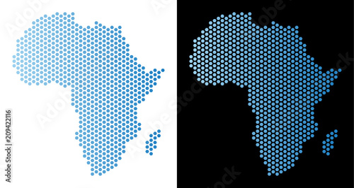 Hexagon Africa map. Vector territory plan in light blue color with horizontal gradient on white and black backgrounds. Abstract Africa map concept is designed with hex-tile blots.