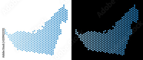 Honeycomb Arab Emirates map. Vector geographic scheme in light blue color with horizontal gradient on white and black backgrounds.