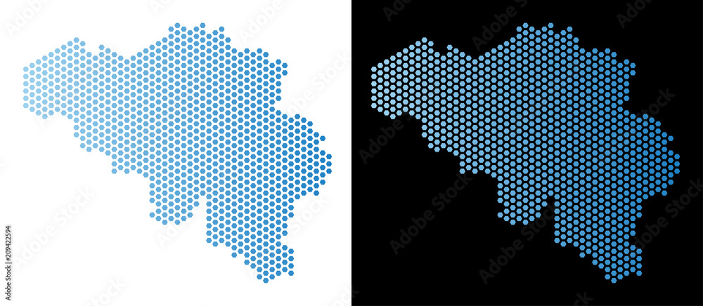 Hex-Tile Belgium map. Vector geographic plan in light blue color with horizontal gradient on white and black backgrounds. Abstract Belgium map mosaic is consisting of hex-tile elements.