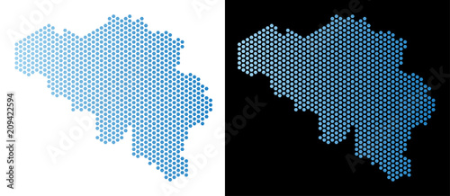 Hex-Tile Belgium map. Vector geographic plan in light blue color with horizontal gradient on white and black backgrounds. Abstract Belgium map mosaic is consisting of hex-tile elements.