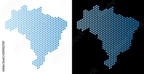 Hex Tile Brazil map. Vector territorial plan in light blue color with horizontal gradient on white and black backgrounds. Abstract Brazil map composition is containing hexagon spots.