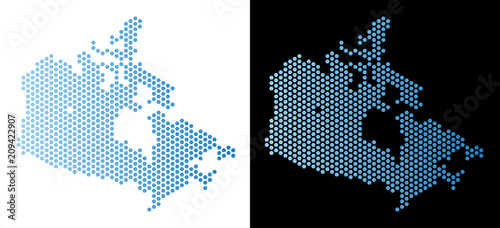 Honeycomb Canada map. Vector territorial scheme in light blue color with horizontal gradient on white and black backgrounds. Abstract Canada map concept is formed from hex tile spots.