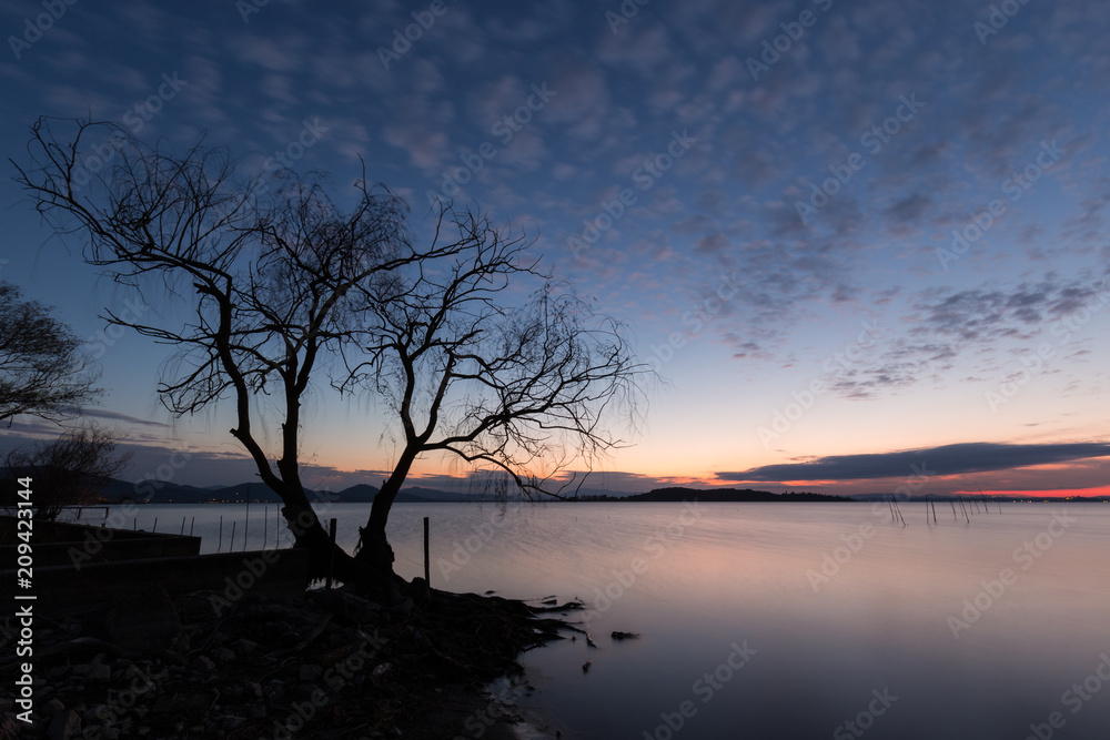 Beautiful view of a lake at dusk, with a tree in the foreground, Beautiful view of a lake at dusk, with a tree in the foreground,