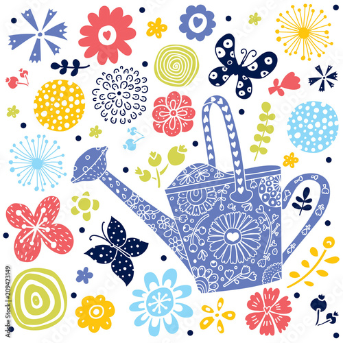 Garden watering can, flowers and butterflies. Cute bright spring set.