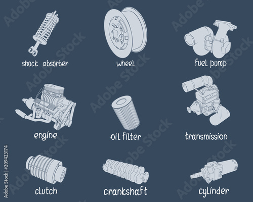 Car parts on blue