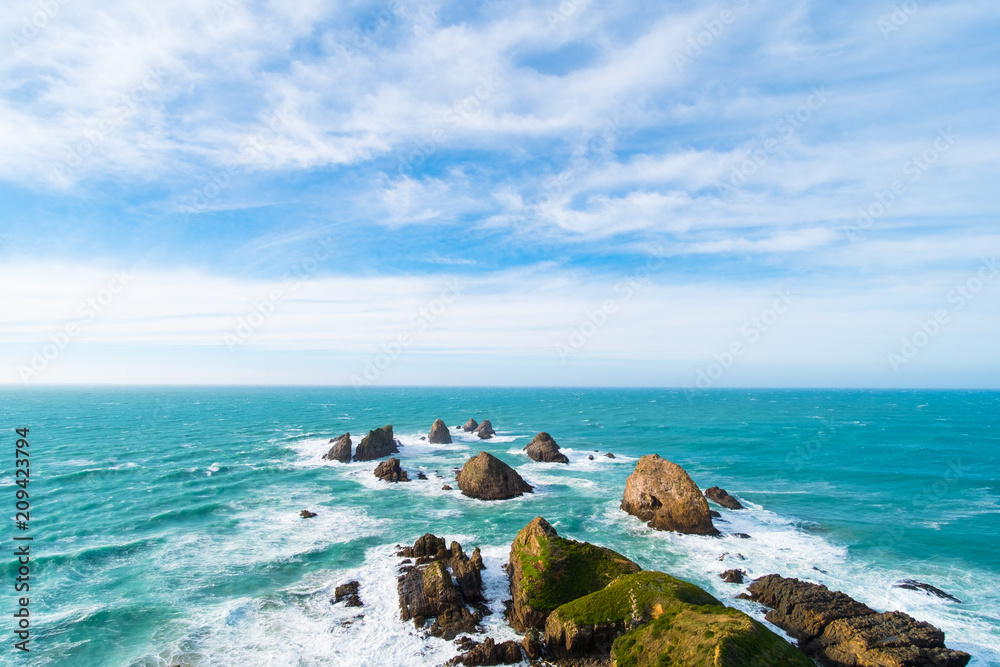 Nugget Point, Rocks cliffs, and beautiful ocean. The Catlins, New Zealand.