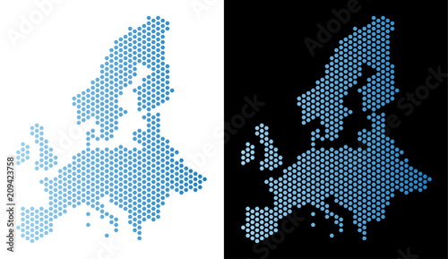 Hex Tile European Union map. Vector territorial scheme in light blue color with horizontal gradient on white and black backgrounds. Abstract European Union map concept is containing hexagonal dots.