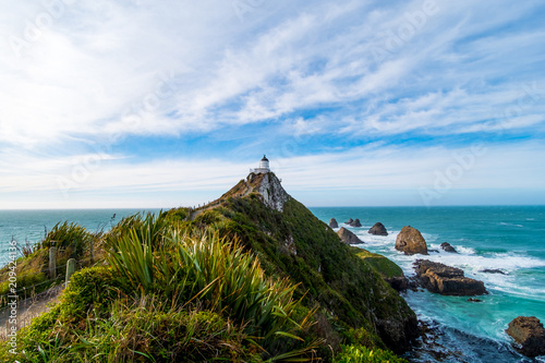 Nugget Point, Rocks cliffs, and beautiful ocean. A path to Lighthouse. The Catlins, New Zealand. photo