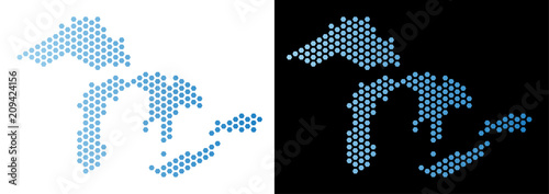 Hexagonal Great Lakes map. Vector territory scheme in light blue color with horizontal gradient on white and black backgrounds. Abstract Great Lakes map concept is composed from hexagon blots.