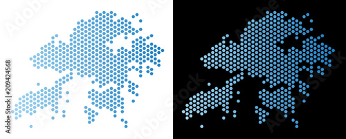 Hexagonal Hong Kong map. Vector geographic plan in light blue color with horizontal gradient on white and black backgrounds. Abstract Hong Kong map concept is designed with hex-tile elements.