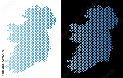 Hexagonal Ireland Island map. Vector geographic plan in light blue color with horizontal gradient on white and black backgrounds. Abstract Ireland Island map mosaic is composed from hexagon dots.