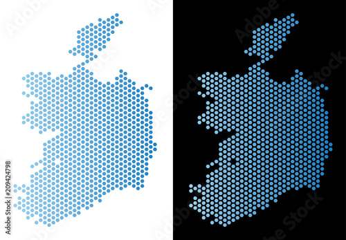 Hex Tile Ireland Republic map. Vector territorial scheme in light blue color with horizontal gradient on white and black backgrounds.