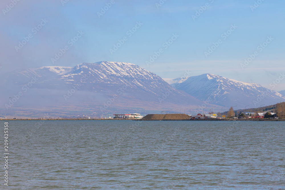 Landscape of sea lagoon from Akureyri city in Iceland