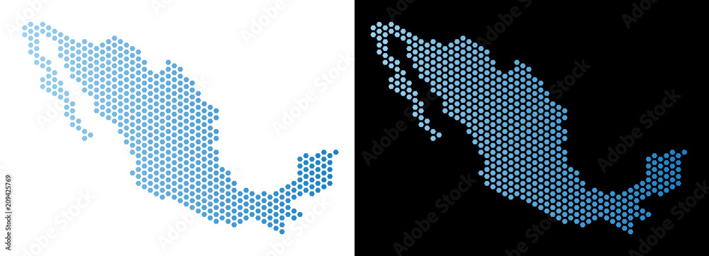 Hex-Tile Mexico map. Vector geographic scheme in light blue color with horizontal gradient on white and black backgrounds. Abstract Mexico map composition is consisting of hex-tile pixels.