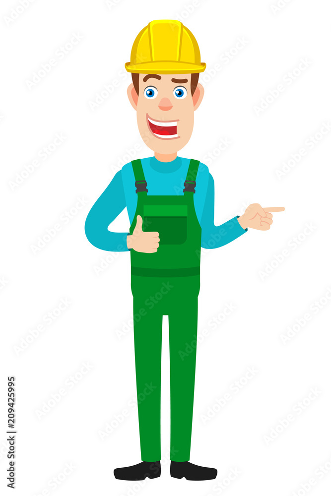 Builder showing thumb up and pointing something beside of him Builder showing thumb up and pointing something beside of him