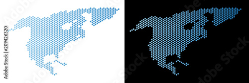 Hex Tile North America map. Vector territory plan in light blue color with horizontal gradient on white and black backgrounds. Abstract North America map mosaic is combined of hexagonal spots.