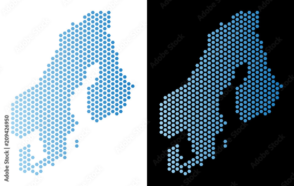 Hex Tile Scandinavia map. Vector geographic plan in light blue color ...