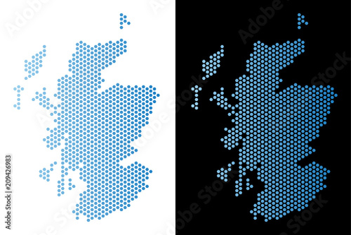 Hex-Tile Scotland map. Vector territorial plan in light blue color with horizontal gradient on white and black backgrounds. Abstract Scotland map concept is designed with honeycomb items.