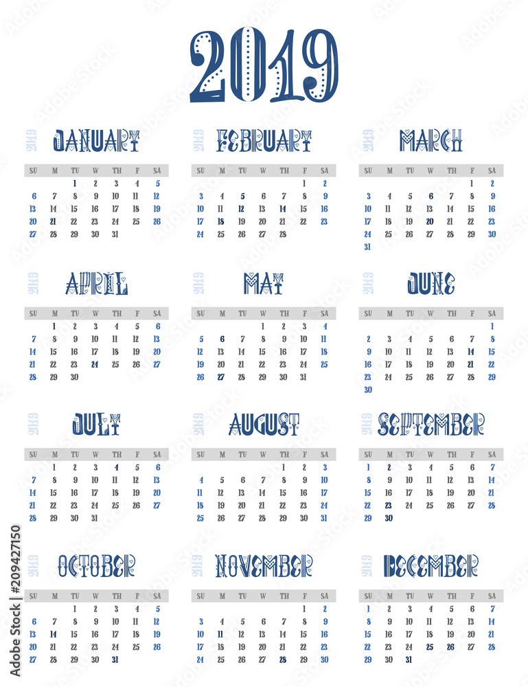 C alendar 2019, Week starts from Sunday, business template C alendar 2019, Week starts from Sunday, business template