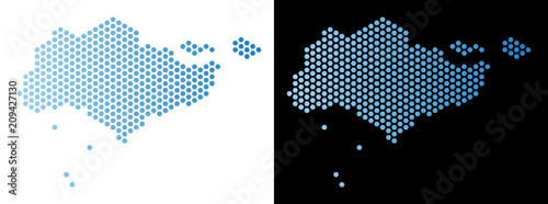 Honeycomb Singapore map. Vector geographic plan in light blue color with horizontal gradient on white and black backgrounds. Abstract Singapore map concept is created from hexagon pixels.
