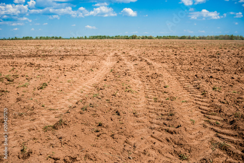 Plowed field prepared for sowing. Landscape with agricultural land. Arable land. Natural background.